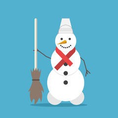 Snowman with scarf, broom and bucket hat. Winter season, fun, New Year, Christmas and holiday concept. Flat design. Vector illustration. EPS 8, no gradients, no transparency