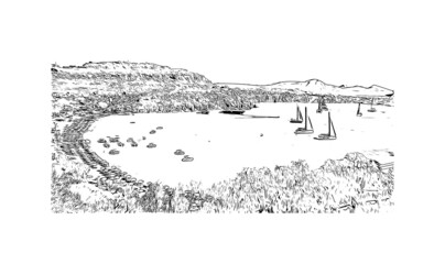 Building view with landmark of Lindos is the 
village in Greece. Hand drawn sketch illustration in vector.