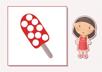 Printable worksheet. Finger painting. Cute cartoon ice cream and girl. Vector illustration. Horizontal A4 page Color red.