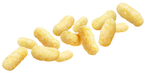 Flying corn sticks, isolated on white background
