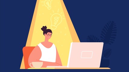 Creativity girl. Woman create and thinking, ideas born. Young female sitting at desk and working on laptop in ray of light. Remote work, freelancer or writer, vector character