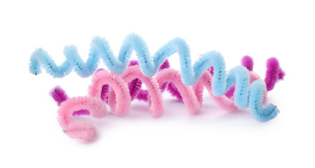 Colorful fluffy wires on white background. Party items