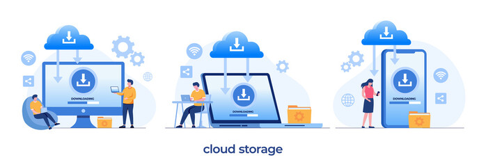 Obraz na płótnie Canvas cloud storage, file download, database protection concept, data center, file management, flat illustration vector template