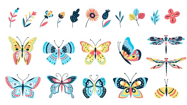 Butterflies and flowers. Isolated branch, flower and butterfly. Dragonfly, flying insects and natural elements. Summer spring season vector kit
