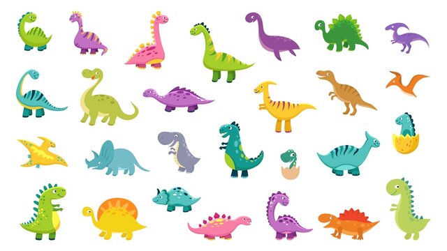 Cute dinosaur set. Cartoon dinos, dinosaurs colorful isolated characters. Tyrannosaurus, triceratop, pterodactyl. Funny prehistoric animals, vector collection for kids