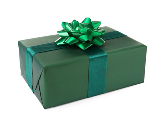 Beautifully wrapped gift box with green bow isolated on white