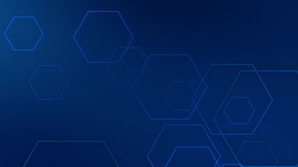 Abstract hexagon geometric blue neon lights technology dark background.