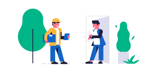 Online parcel delivery service concept. Online service for fast delivery of parcel to your home. The courier brought the box with the order to the client. Flat vector illustration