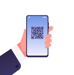 QR code on screen. Hand hold smartphone with personal id barcode. Flat mobile phone, online identification vector concept