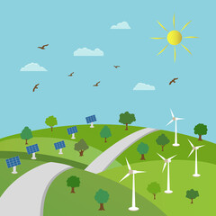 Ecology concept and environment conservation. Nature landscape with auto-road, green trees and renewable source energy.