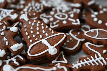 Christmas sweets. Beautiful hand decorated traditional Czech Christmas gingerbread cookies with icing.