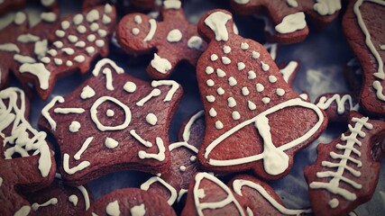Christmas sweets. Beautiful hand decorated traditional Czech Christmas gingerbread cookies with icing.