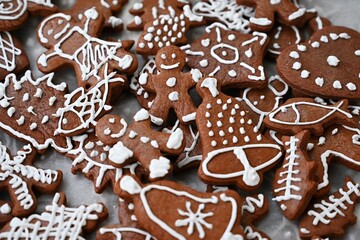 Christmas sweets. Beautiful hand decorated traditional Czech Christmas gingerbread cookies with icing.