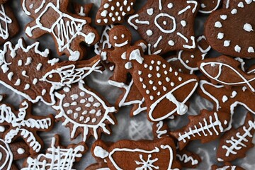 Christmas sweets. Beautiful hand decorated traditional Czech Christmas gingerbread cookies with icing.