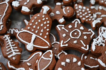 Christmas sweets. Beautiful hand decorated traditional Czech Christmas gingerbread cookies with icing.