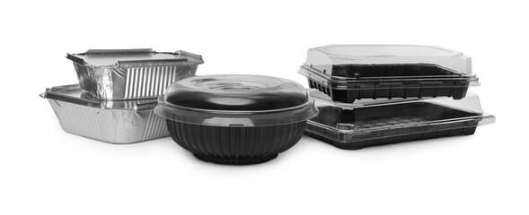 Set of different containers for food on white background