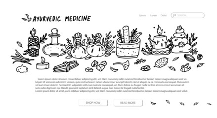 Naklejka premium Ayurvedic medicine web page design template. Vector landing homepage with ayurvedic illustration elements in outline doodle style. Ayurvedic web banner