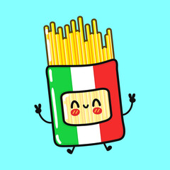 Cute funny Spaghetti character. Vector hand drawn cartoon kawaii character illustration icon. Isolated on blue background. Spaghetti character concept