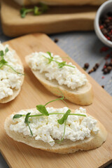 Bread with cottage cheese and microgreens on wooden board, closeup