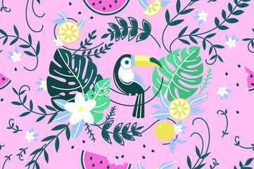Pattern With Green Leaf Palm and Parrot