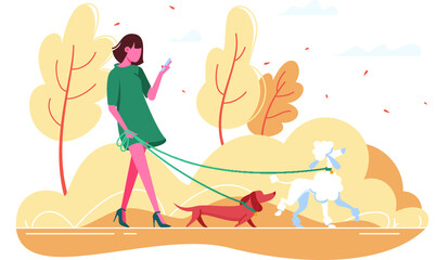 Young Woman Walks with Dog Through the Woods