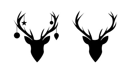 Silhouette of a deer head with Christmas decorations on the antlers and without toys, isolated on a white background. Vector illustration