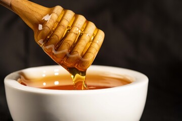 Cuillère en bois au dessus d'un pot de miel