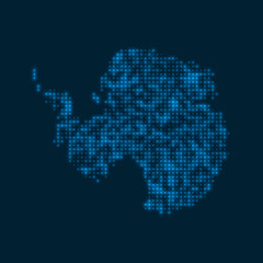 Fototapeta na wymiar Antarctica dotted glowing map. Shape of the country with blue bright bulbs. Vector illustration.