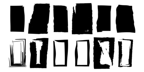 Grunge style set of rectangle shapes. Black brush rectangles in retro style on white background. Vector illustration. 