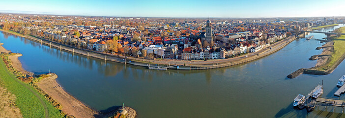 Aerial panorama from the city Deventer at the river IJssel in the Netherlands