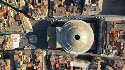 Aerial drone photo of iconic masterpiece ancient temple of Pantheon in Piazza della Rotonda, Rome historic centre, Italy