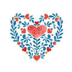Heart shaped watercolor illustration. Made in folk style.