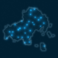 Skiathos network map. Abstract geometric map of the island. Digital connections and telecommunication design. Glowing internet network. Attractive vector illustration.