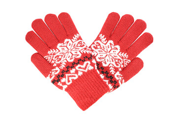 Red womens knitted wool winter gloves with pattern isolated on white background