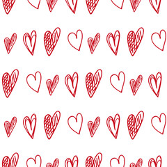 Cute doodle style hearts seamless vector pattern. Valentine's Day handwritten background. Different heart shapes and silhouettes. Hand drawn ornament.