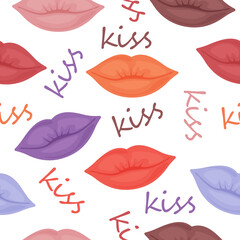 Bright sexy seamless pattern with the image of women s lips of different colors. A pattern with the image of lips and the inscription kiss. Valentine s day pattern for print and gift wrapping. Vector