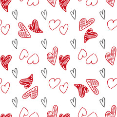 Cute doodle style hearts seamless vector pattern. Valentine's Day handwritten background. Different heart shapes and silhouettes. Hand drawn ornament.
