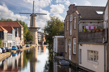 Windmill along the canal in the center of Schiedam.