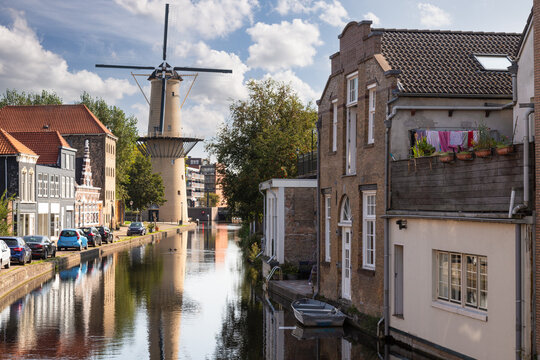 Windmill along the canal in the center of Schiedam.
