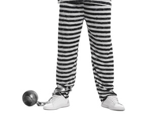 Prisoner in special uniform with metal ball on white background, closeup