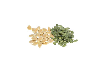 A bunch of raw pumpkin seeds, peeled and unpeeled, isolated on a white background