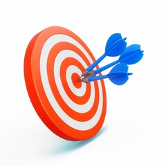 3D Rendering Three Blue Darts aim to Dartboard target Isolated on white Background