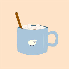 Сup with sheep on it, with marshmallow and cinnamon stick