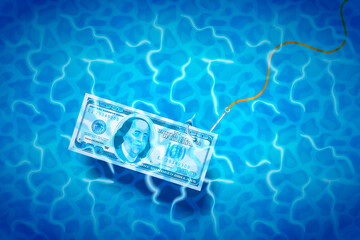 Hundred dollars banknote on glossy silver metal fishing hook in a blue shiny water, fraud concept illustration