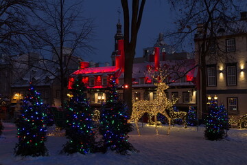 Blue hour view of a square decorated for Christmas in Old Quebec’s upper town, Quebec City ...
