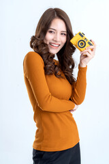 attractive beautiful asian female  casual dress hand hold film camera travel vacation concept white background,travel vacation holiday lifestyle asian female hand use camera with smiling and joyful