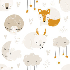 Seamless childrens hand-drawn pattern with cute sleeping animals, clouds, moons and stars. Creative kids texture for fabric, wrapping, textile, wallpaper, apparel. Vector illustration. Good night.