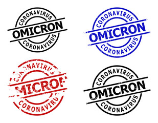 CORONAVIRUS OMICRON seal stamp versions. CORONAVIRUS OMICRON text is between parallel lines inside circle frame. Rough CORONAVIRUS OMICRON seal stamp versions in red, black, blue colors,