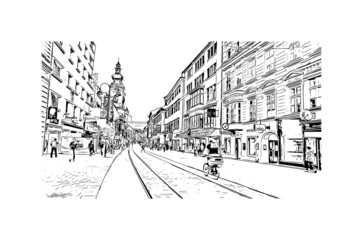 Fototapeta premium Building view with landmark of Linz is the city in Austria. Hand drawn sketch illustration in vector.