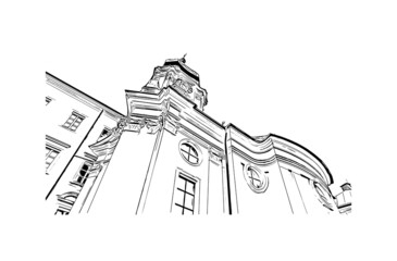 Building view with landmark of Linz is the 
city in Austria. Hand drawn sketch illustration in vector.